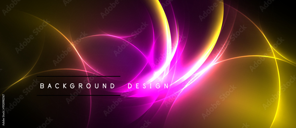 Obraz premium Abstract vibrant energy flows, golden, purple hues. Dynamic light streaks create modern background design. Bold text overlay present.