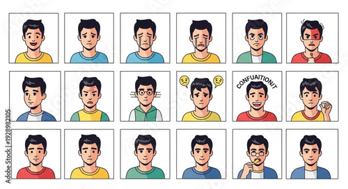 Diverse emotional expressions of a young man showcasing various feelings and moods.