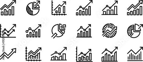 Collection of various business and finance icons featuring graphs and charts with arrows