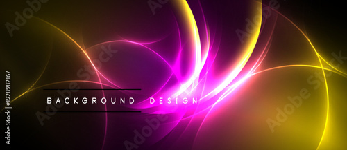 Abstract vibrant energy flows, golden, purple hues. Dynamic light streaks create modern background design. Bold text overlay present.