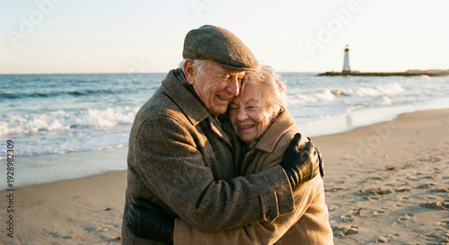 Wallpaper Mural Romantic Elderly Husband and Wife Embracing by the Ocean in Autumn Torontodigital.ca