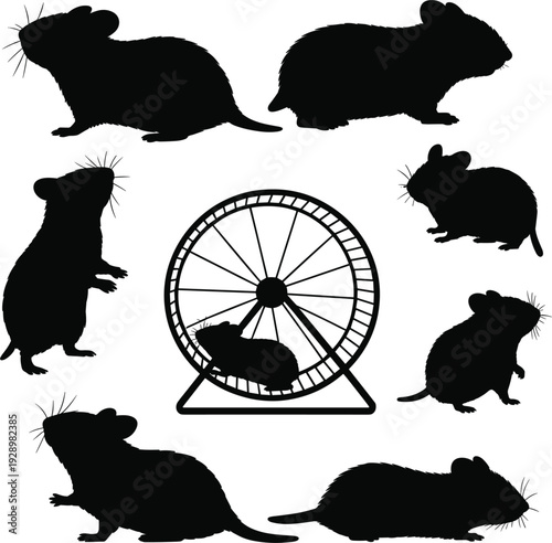 Hamster Silhouettes with a Hamster Wheel on a White Background Keywords: hamster, silhouette, black, white background, pet