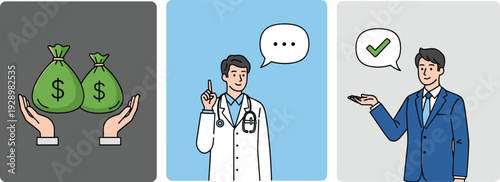 Medical insurance approval and healthcare cost concept illustration, doctor consultation with financial support and claim confirmation process