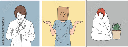 Mental health struggles concept, depression anxiety and identity crisis illustrated through sad isolated people emotional wellbeing awareness design