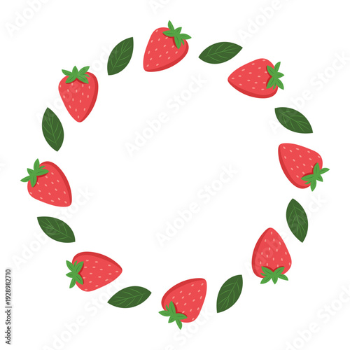 Beautiful summer strawberry wreath made of fresh red berries and green leaves on white background.