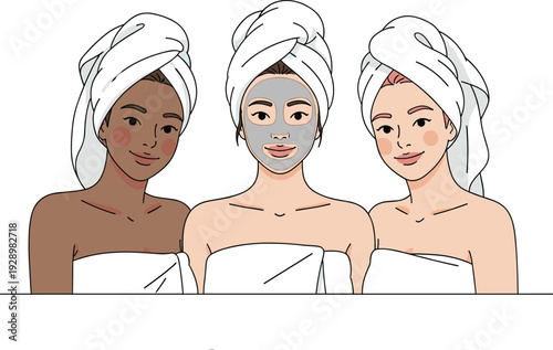 Skincare routine concept, diverse women with facial mask and towels promoting beauty self care and healthy skin illustration