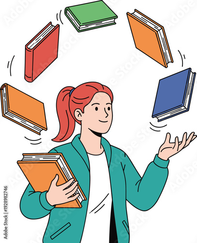 Student multitasking with books, education learning concept illustration of young woman balancing study materials and knowledge management skills