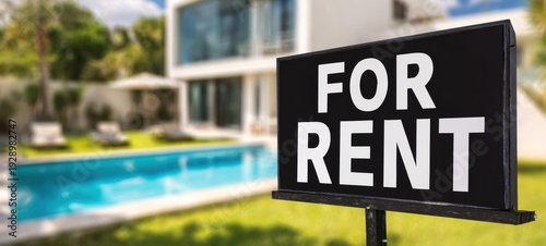 The For Rent sign in front of a modern house with inviting backyard pool