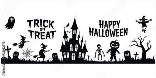 Halloween Silhouette Collection With Haunted House Ghosts Witches Skeletons And Pumpkins trick or treat