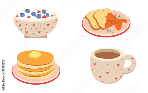 Delicious breakfast food set with pancakes, hot coffee, morning cereal bowl and toast bread.