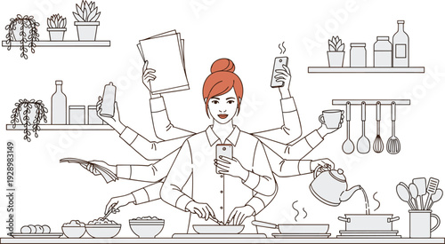Busy multitasking woman cooking in kitchen with many hands, time management and modern working mom concept illustration