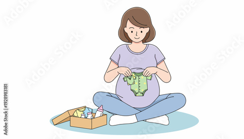 A pregnant woman sits cross-legged, holding a baby outfit, with a box of baby items beside her, preparing for her newborn's arrival