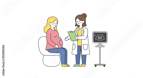 Maternity care consultation Pregnant woman with doctor for prenatal check-up, featuring an ultrasound display for fetal health and maternal wellness guidance