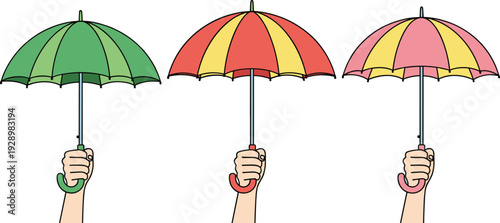 Colorful umbrellas held by hands, rain protection concept with weather safety and seasonal accessories illustration design