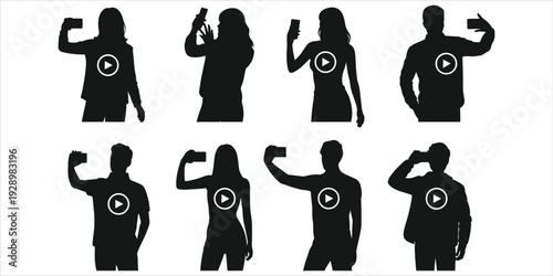 Diverse Silhouettes of People Taking Selfies with Smartphones and Play Buttons taking photo