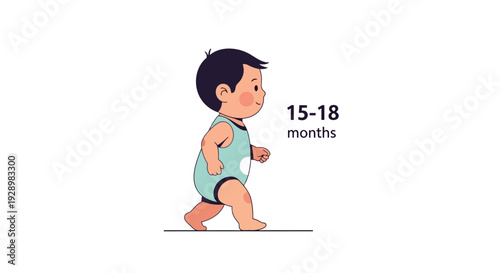 Charming vector illustration depicting a baby learning to walk, a crucial developmental milestone typically achieved by infants between 15 and 18 months, symbolizing growth