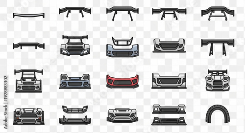 Collection of various car body kits and aerodynamic components for vehicle customization.
