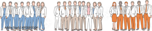 Corporate business team groups, diverse professionals in formal suits representing teamwork leadership and company workforce illustration set