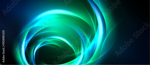 Abstract swirls, vibrant blues, greens create dynamic energy. Light radiates from central point, forming flowing patterns. Dark background enhances luminosity.
