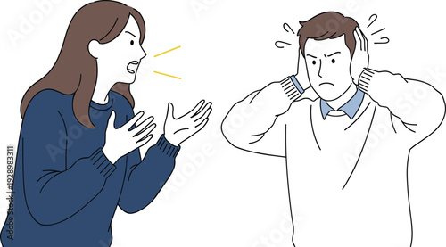 Couple arguing with angry woman shouting and frustrated man covering ears, relationship conflict and communication problem illustration