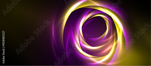 Abstract swirls, vibrant purple, gold hues dominate. Dynamic energy radiates from central point, dark background contrasts bright lines.