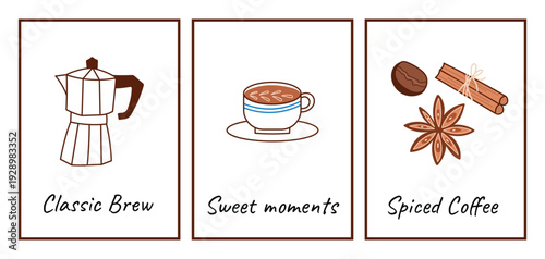 Aesthetic coffee posters with cinnamon sticks, moka pot and star anise for cafe interior design.