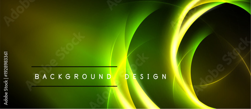 Bright neon lines create abstract curves, gradients. Dark background enhances glowing effect, modern design element.