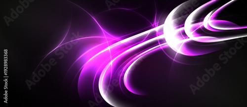 Abstract swirls, vibrant magenta glows against dark backdrop. Dynamic lines create energy, modern aesthetic. Smooth curves suggest movement.