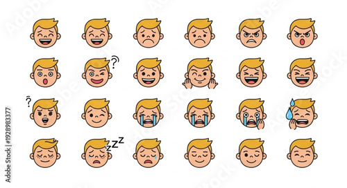 Collection of cartoon boy faces expressing various emotions and feelings in different styles.
