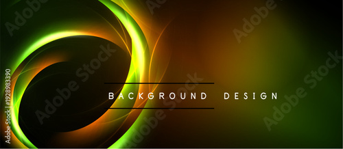 Abstract vibrant design features swirling green, orange light. Dark background emphasizes glowing curves, text reads background design.