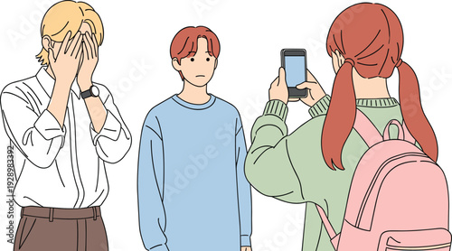 Cyberbullying and teen harassment concept, girl taking photo of sad boy while friend covers face social media abuse illustration