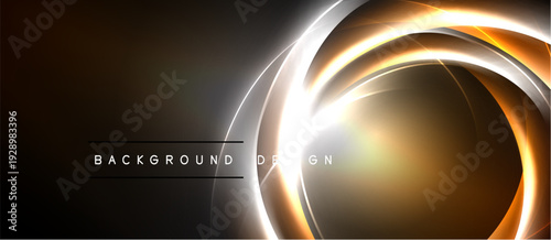 Dark background features glowing orange, white curves. Design includes text background design. Smooth gradients create dynamic visual effect.