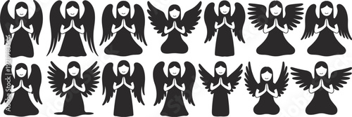 Collection of Praying Angel Silhouettes with Wings on White Background spiritual