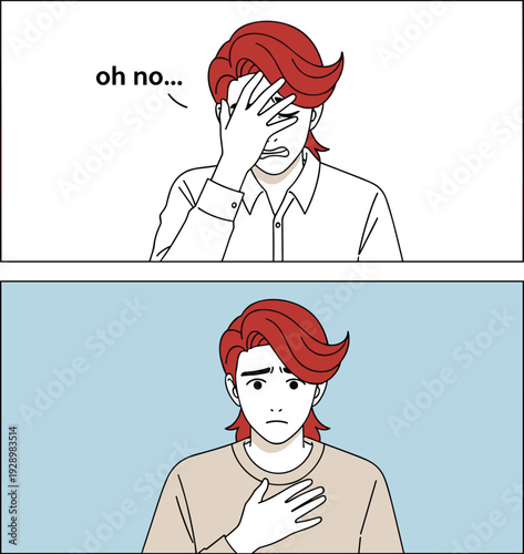 Embarrassment and regret concept, shocked young man facepalming then reflecting with hand on chest emotional reaction illustration