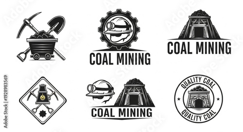 Collection of coal mining related logos and emblems in vintage style.