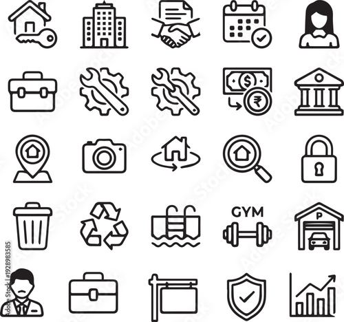 Real Estate and Property Management Line Icon Set