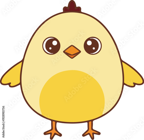 Cute yellow baby chick cartoon standing happily with an eggshell in a fun spring farm illustration