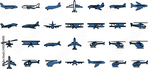 The image shows a vibrant collection of aircraft in a blue pixel art style, the collection includes different types of aircraft, such as airplanes and helicopters, arranged in a row for easy viewing.