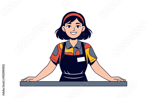 A smiling cartoon woman wearing an apron and standing behind a counter, ready to assist customers with a friendly demeanor.