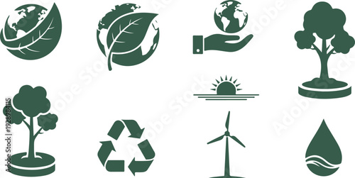 Collection of eco friendly icons representing sustainability and environmental conservation efforts on transparent background