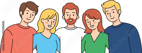 Happy group of young friends smiling together, diverse people portrait representing friendship unity and social connection illustration