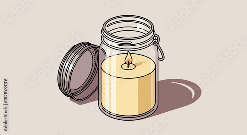 Isometric illustration of a lit candle in a glass jar with its lid open, casting a warm glow, perfect for ambient decor