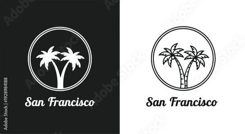 Black and white logo designs featuring palm trees in a circle with San Francisco text on contrasting backgrounds.