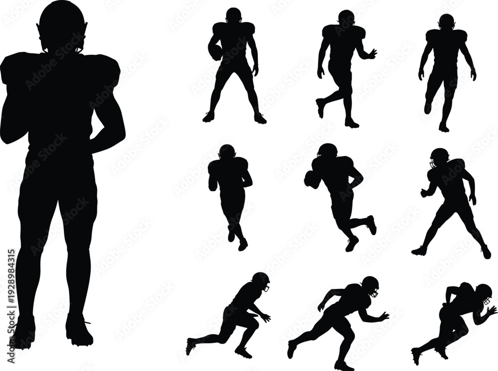 Fototapeta premium Collection of Black Silhouette American Football Players in Action on White Background Keywords: american football, football