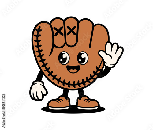 A cartoon baseball mitt character with a smiling face and a waving hand, designed as a friendly mascot for a sports team or brand