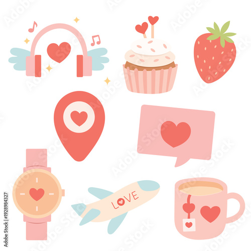 Romantic icon set with heart, cupcake, strawberry, watch and plane for valentine day, love date and wedding event decoration