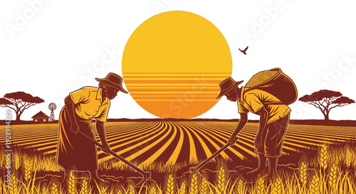 Two Farmers Diligently Work Golden Fields Under a Majestic Sun, an Illustration of Traditional African Agriculture and a Bountiful Harvest