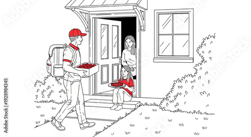 A friendly delivery person brings a box of fresh produce to a happy family at their doorstep, illustrating convenient home grocery service and modern lifestyle