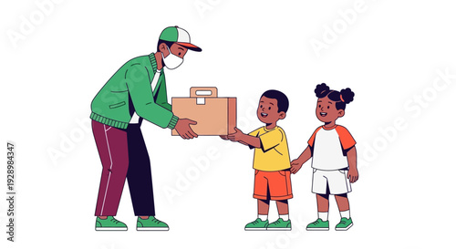 Friendly delivery driver in a protective mask delivers a package to two young children, embodying reliable service and thoughtful customer care for families