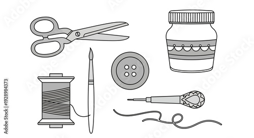 Collection of sewing and crafting supplies including scissors, thread spool, needle, button, and jar
